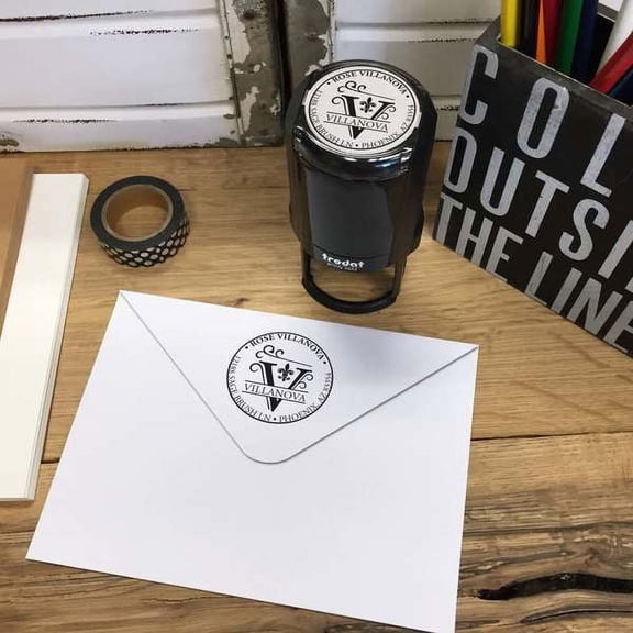 Personalized Round Self-Inking Rubber Stamp - Villanova Scroll