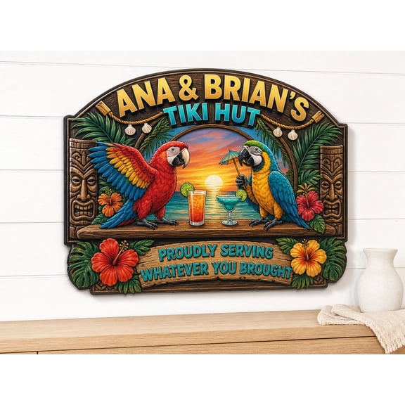 Personalized Round Tiki Bar Sign - Custom Wooden Beach Bar Decor