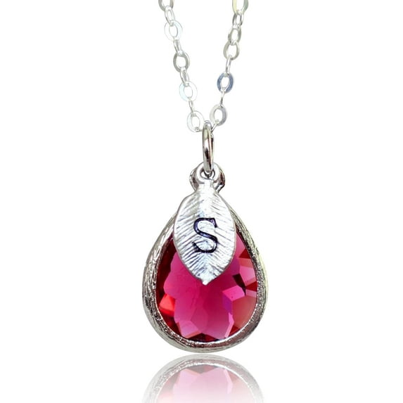 Personalized Ruby Necklace, July Teardrop Birthstone Necklace, Bridesmaid Necklace, Custom Initial Necklace, Birthday Gift for Her - 16" Rose Gold Plated