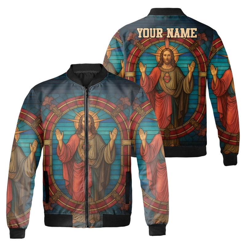 Personalized Sacred Jesus Bomber Jacket – Custom Name Religious ...