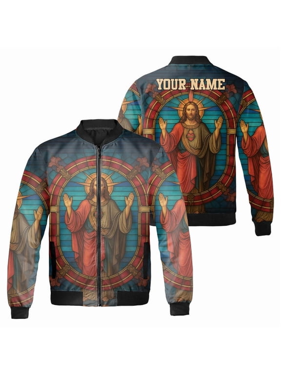 Personalized Sacred Jesus Bomber Jacket – Custom Name Religious Christian Outerwear Featuring Stained Glass Church Art – Spiritual Gift Faith-Based Aesthetic Jacket