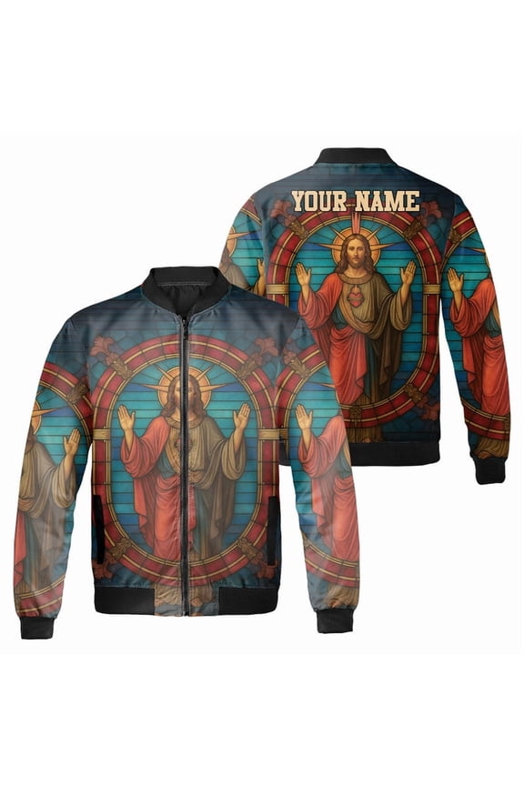 Personalized Sacred Jesus Bomber Jacket – Custom Name Religious Christian Outerwear Featuring Stained Glass Church Art – Spiritual Gift Faith-Based Aesthetic Jacket