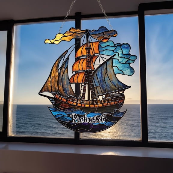 Personalized Sailing Ship Acrylic Suncatcher fullxfull Nautical Ocean Window Hanging with Custom Name, Vintage Tall Ship Decor for Sea Lovers