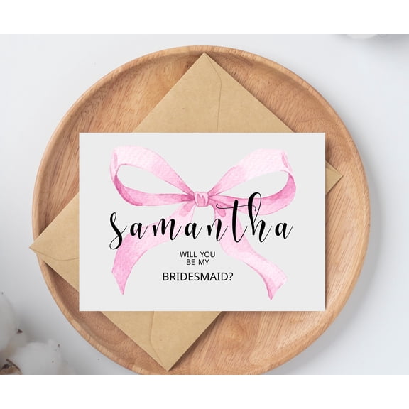 Personalized Samantha Will You Be My Bridesmaid Card, Watercolor Pink Bow Design, Elegant Script Wedding Proposal Stationery, Includes Kraft Envelope