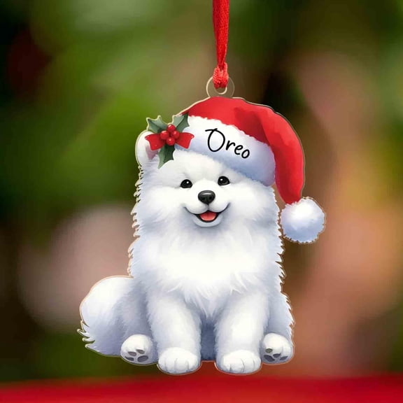 Personalized Samoyed Christmas Ornament, Custom Samoyed Dog Shaped Ornament, Dog Acrylic Ornaments with Santa Hat, Pet for Kids Son Daughter, Christmas Home Decor, Puppy Lover Gifts