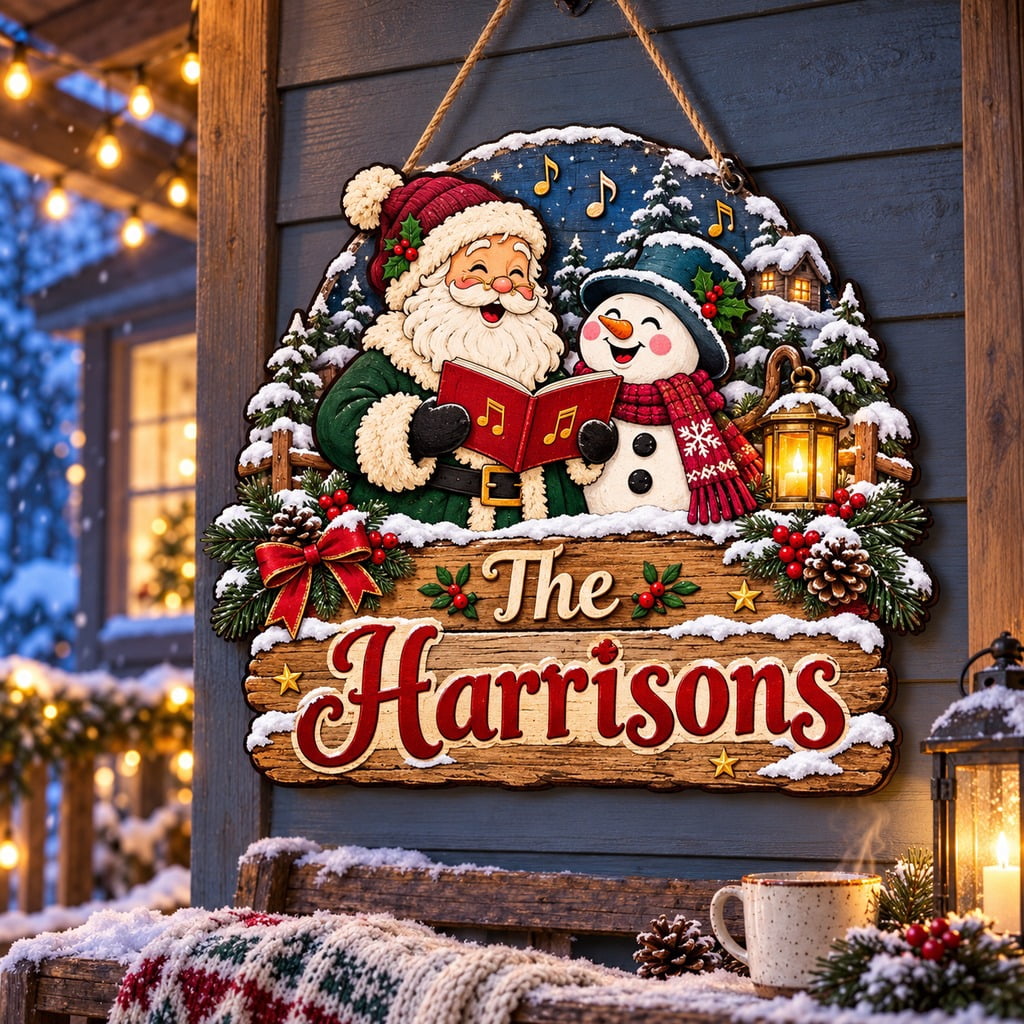 Personalized Santa Caroling Snowman Wooden Sign, Christmas Porch Decor ...