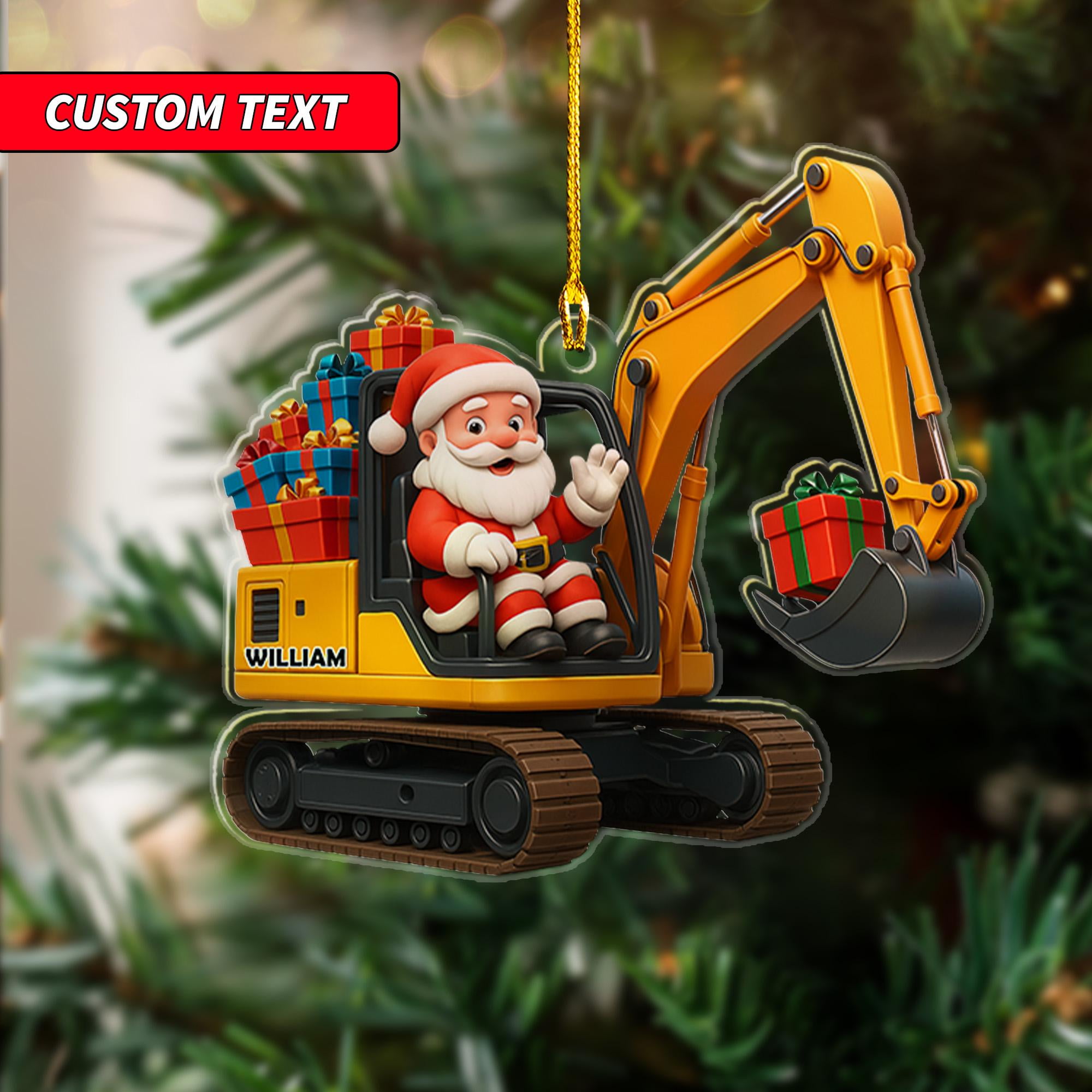 Personalized Santa Excavator 2D Flat Ornament 2025 + Custom Name ...