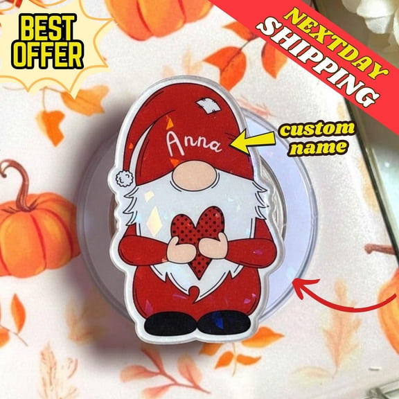 Personalized Santa Gnome MagSafe Phone Grip: Custom Name Magnetic Phone Holder with Red Heart & Holiday Hat, Christmas Gift for Friends