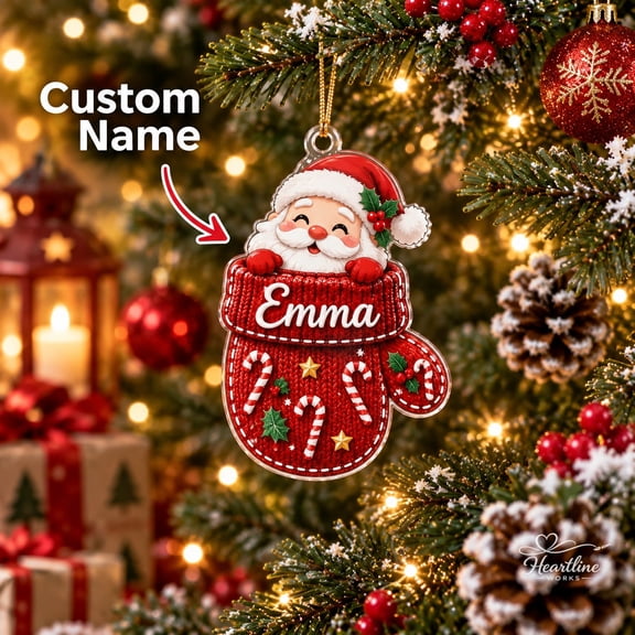 Personalized Santa Mitten Acrylic Ornament Candy Cane Christmas Gift