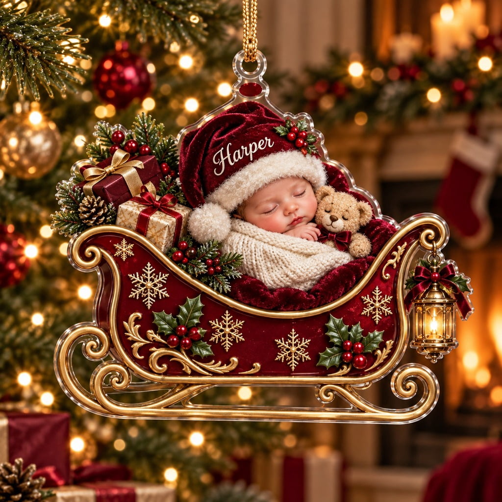 Santa Items Personalized Santa Sleigh Burgundy Gold Christmas Acrylic Ornament ...