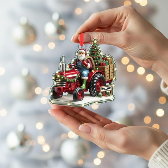 Personalized Santa Tractor Acrylic Christmas Ornament Custom Name Rustic Farm Holiday Tree Decor, Family Farmhouse Keepsake, Country Christmas Gift