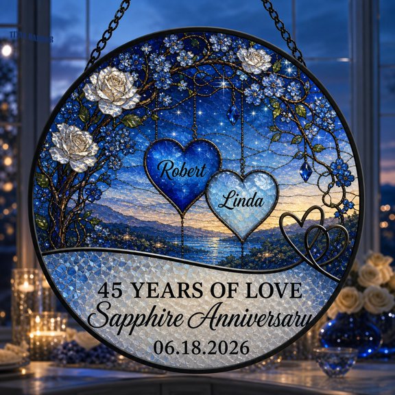 Personalized Sapphire Anniversary Suncatcher, Custom 45th Anniversary Window Hanging