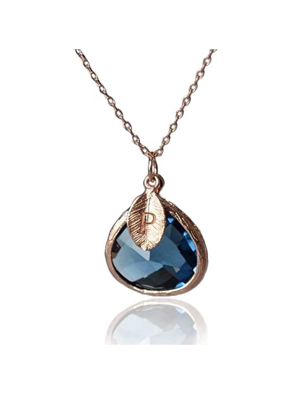 Personalized Sapphire Necklace, Bridesmaid Necklace, September Birthstone Necklace, Custom Initial Necklace, Gift for Her, Sapphire Jewelry - 16" Silver Plated - Leaf Initial A