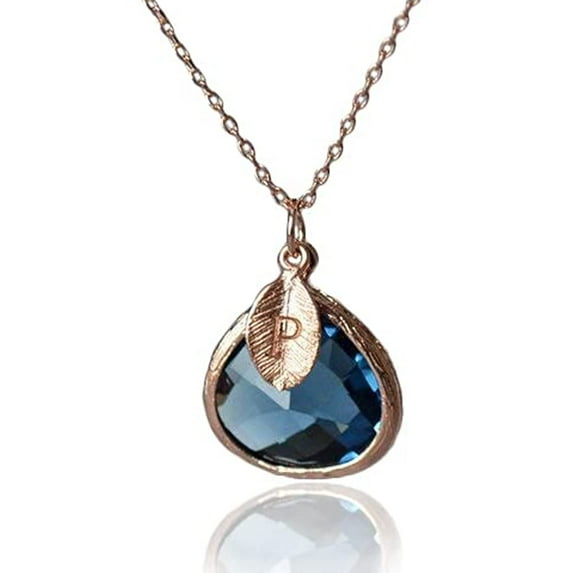 Personalized Sapphire Necklace, Bridesmaid Necklace, September Birthstone Necklace, Custom Initial Necklace, Gift for Her, Sapphire Jewelry - 18" Silver Plated - Leaf Initial W