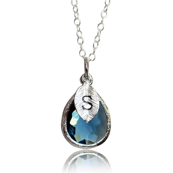 Personalized Sapphire Necklace, September Teardrop Birthstone Necklace, Bridesmaid Necklace, Custom Initial Necklace, Birthday Gift for Her - 18" Silver Plated