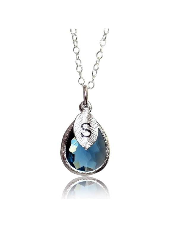 Personalized Sapphire Necklace, September Teardrop Birthstone Necklace, Bridesmaid Necklace, Custom Initial Necklace, Birthday Gift for Her - 16" Silver Plated