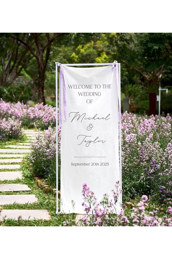 Personalized Satin Fabric Wedding Welcome Banner, Custom Names and Date Sign for Elegant Ceremony Decor