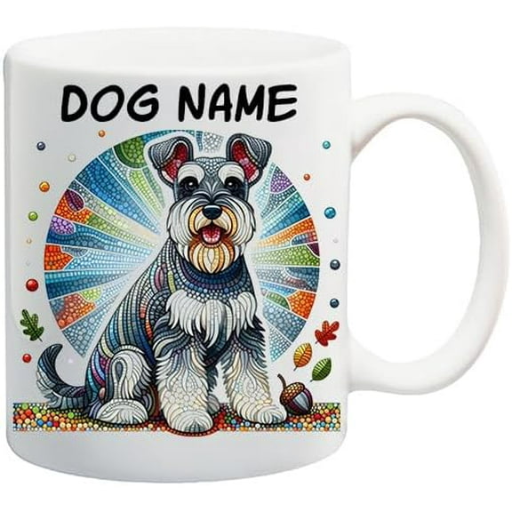 Personalized Schnauzer Dog Mug with Name, Custom Name Coffee Cup Picture Of Schnauzer Dog Stained Glass Effect, Tea Cup Gift for Pet, Gift for Him or Her Oig4 44 11 Oz White Ceramic Coffee Mug 916378