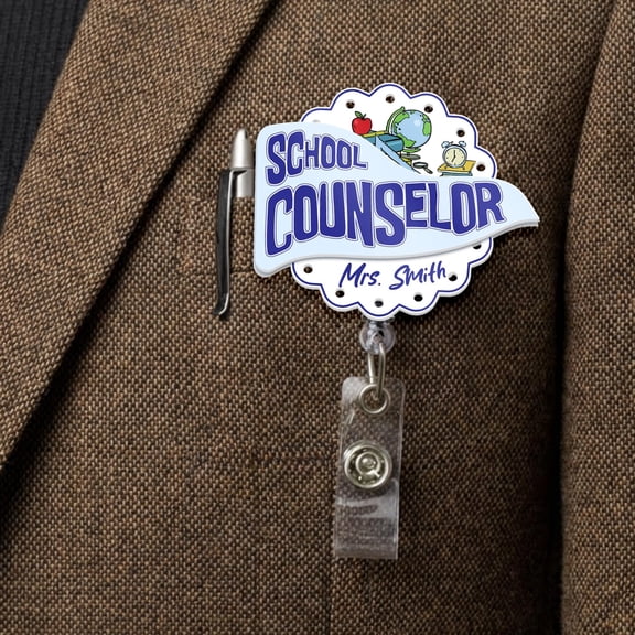 Personalized School Counselor Pennant Badge Reel, Custom Name ID Holder, Counselor Appreciation Gift, Teacher Staff Lanyard Reel