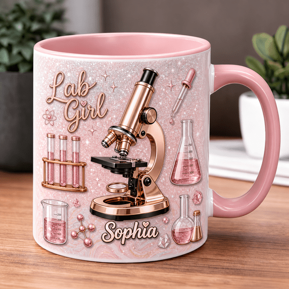 Personalized Scientist Ceramic Coffee Mug, Pink Lab Girl Beaker Gift for Science Lovers