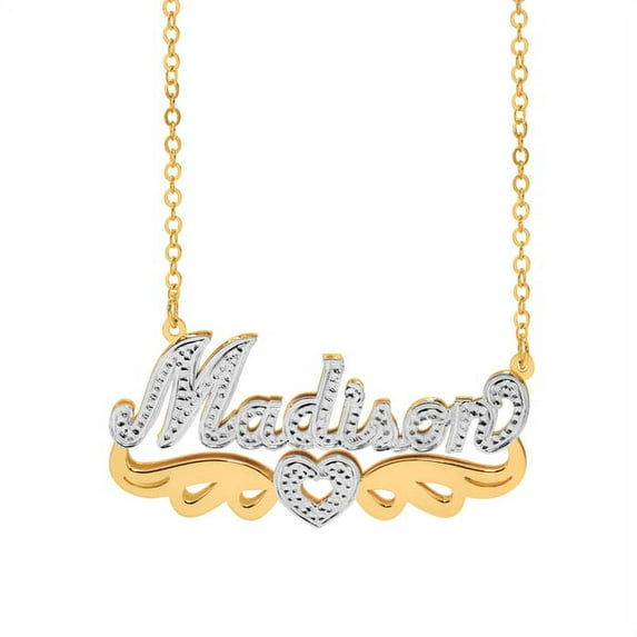Personalized Script Double Plated Name Necklace with Beading and Rhodium with Tail and Heart in Sterling Silver, 14K Gold Plated Sterling Silver, 10K Gold or 14K Gold
