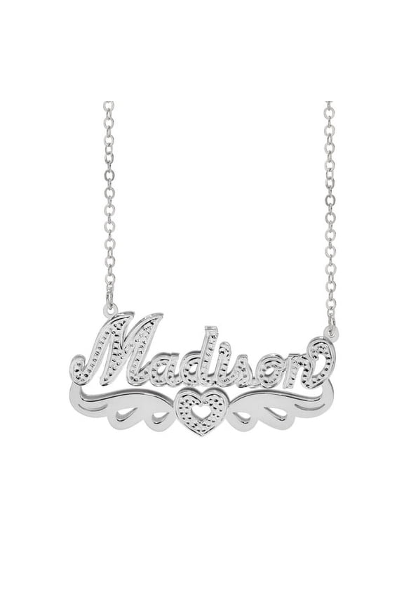 Personalized Script Double Plated Name Necklace with Beading and Rhodium with Tail and Heart in Sterling Silver, 14K Gold Plated Sterling Silver, 10K Gold or 14K Gold