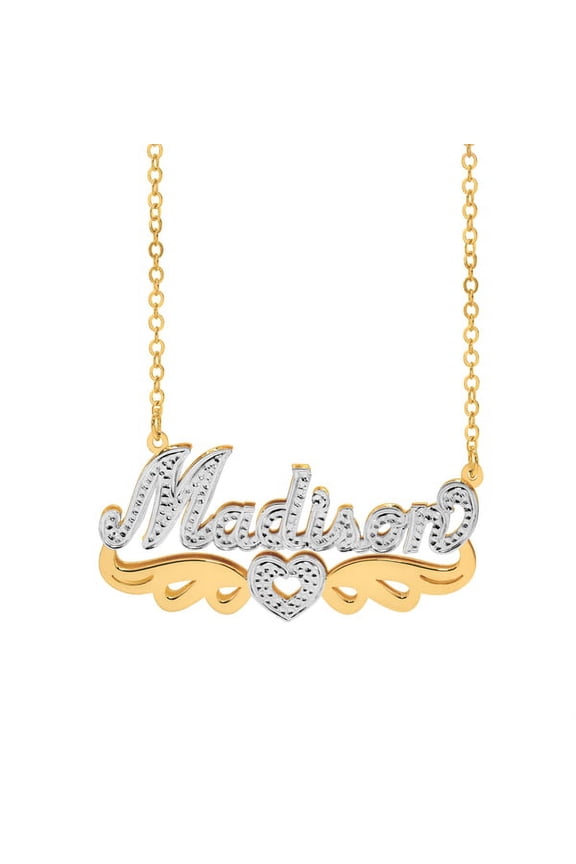 Personalized Script Double Plated Name Necklace with Beading and Rhodium with Tail and Heart in Sterling Silver, 14K Gold Plated Sterling Silver, 10K Gold or 14K Gold