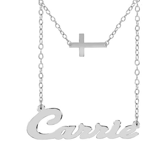 Personalized Script Name Necklace "Carrie" with Inner Hanging Cross in Sterling Silver, 14K Gold Plated Sterling Silver, 10K Gold or 14K Gold