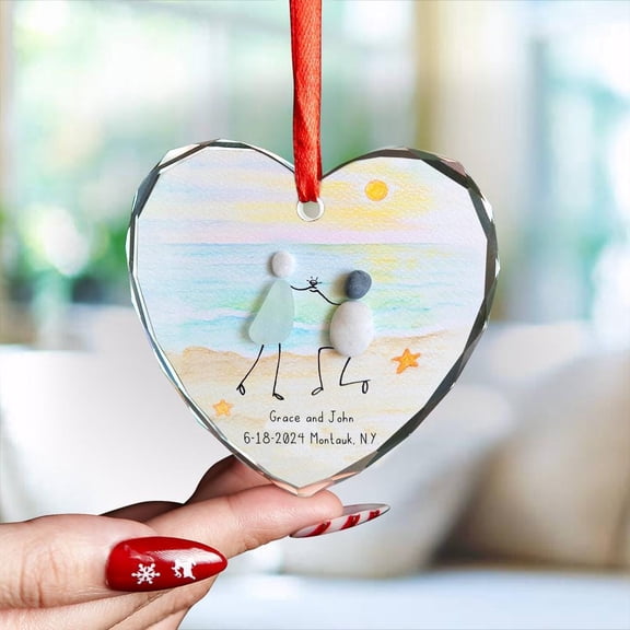 Personalized Sea Glass Effect Pebble Engagement Ceramic Ornament Flat 2D Printed, Engaged Wedding Gift, 1st Couple Keepsake, Newly Engaged Decor