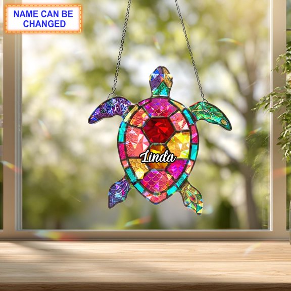 Personalized Sea Turtle Acrylic Suncatcher, Custom Name Faux Stained Glass Window Hanging Decor, Ocean Lover Gift