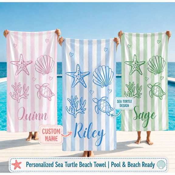 Personalized Sea Turtle Beach Towel with Custom Name, Quick-Dry Velour Cotton Blend Pool Towel for Kids, Summer Family Vacation Coastal Ocean Gift