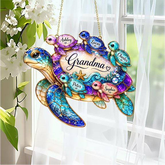 Personalized Sea Turtle Family Acrylic Suncatcher, Custom Name Faux Stained Glass Window Hanging Decor, Ocean Lover Gift for Women