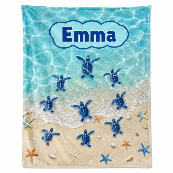 Personalized Sea Turtle Fleece Blanket, Custom Name Beach Ocean 3D Print Polyester Throw, 280gsm, Multiple Sizes