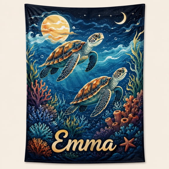 Personalized Sea Turtle Fleece Blanket, Custom Name Ocean Turtle 3D Print Throw, 280gsm Polyester Fleece, 30x40 to 60x80