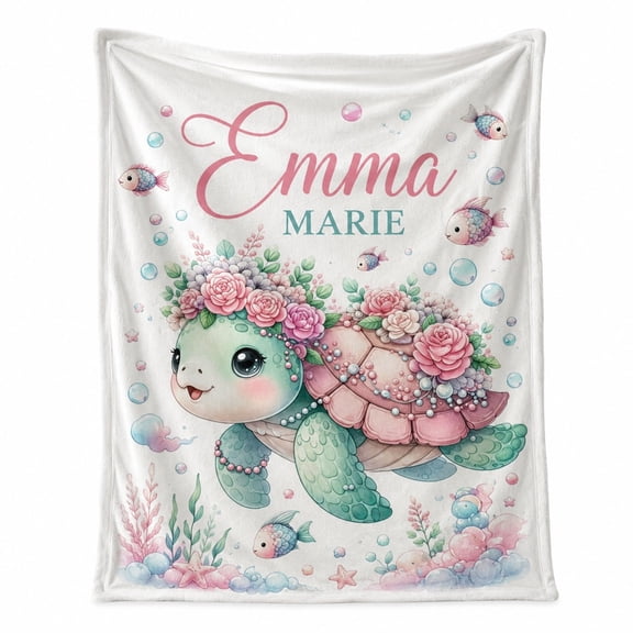 Personalized Sea Turtle Fleece Blanket, Custom Name Polyester 280gsm Throw Blanket, Kids Gift, 30x40 40x50 50x60 60x80