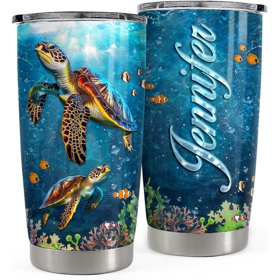 Personalized Sea Turtle Tumbler 20oz Insulated Tumblers with Lid Coffee Travel Mug Cup for Women Girl Turtle Gifts for Birthday