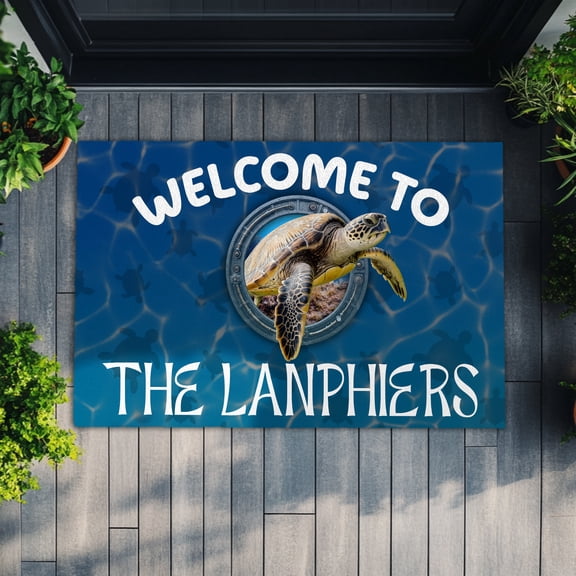 Personalized Sea Turtle Welcome Doormat – Custom Family Name Beach House Entry Rug, Ocean Nautical Decor for Coastal Homes and Vacation Houses