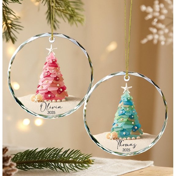 Personalized Seaglass Holiday Tree Ornament, Ocean Inspired 3 Inch Decorative Hanging