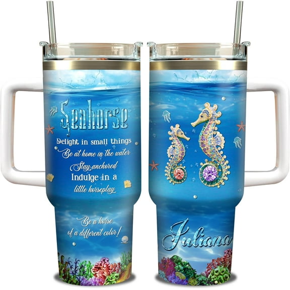 Personalized Seahorse 40oz Tumbler With Lid Custom Name Jewelry Style Sea Ocean Life Insulated Tumblers Stainless Steel Travel Cup Mug Inspirational Gift For Animal Lovers