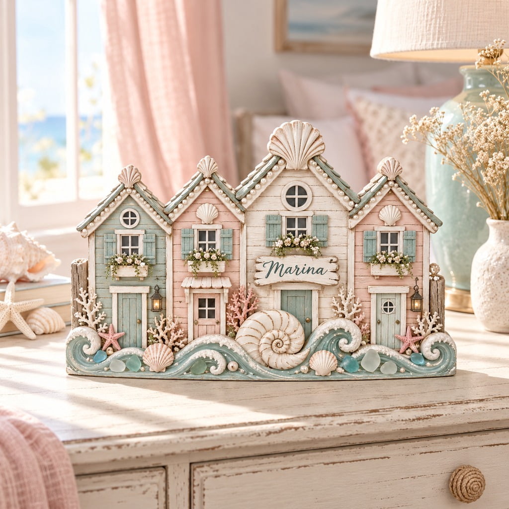 Personalized Seashell Cottage Row Wooden Block 3 Layer Coastal Decor ...
