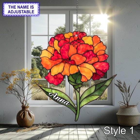 Personalized Seasonal Flower Acrylic Suncatcher, Custom Name Stained Glass Style Window Hanging, Four Seasons Floral Gift