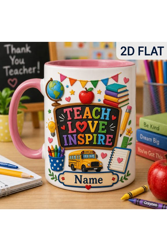 Personalized Second Grade Mug, Teach Love Inspire Teacher Quote Gift with Name