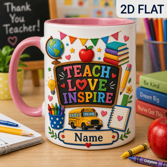 Personalized Second Grade Mug, Teach Love Inspire Teacher Quote Gift with Name