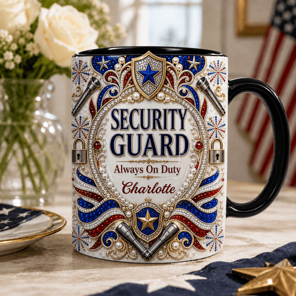 Personalized Security Guard Ceramic Mugs, Patriotic Red White Blue Gift
