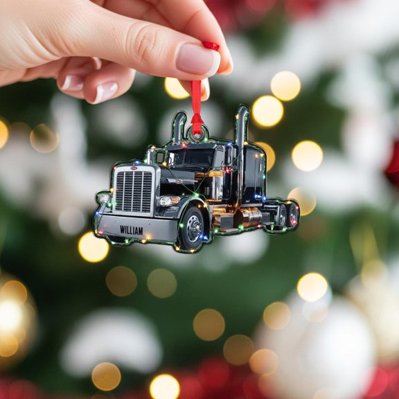 Personalized Semi-Truck Driver Acrylic Christmas Ornament with Lights Custom Name Tractor-Trailer Holiday Tree Decor, Trucker Appreciation Home Keepsake