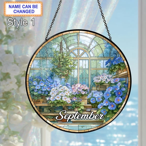 Personalized September Birth Flower Stained Glass Suncatcher, Custom Name Aster and Morning Glory Window Hanging, Gift for Women