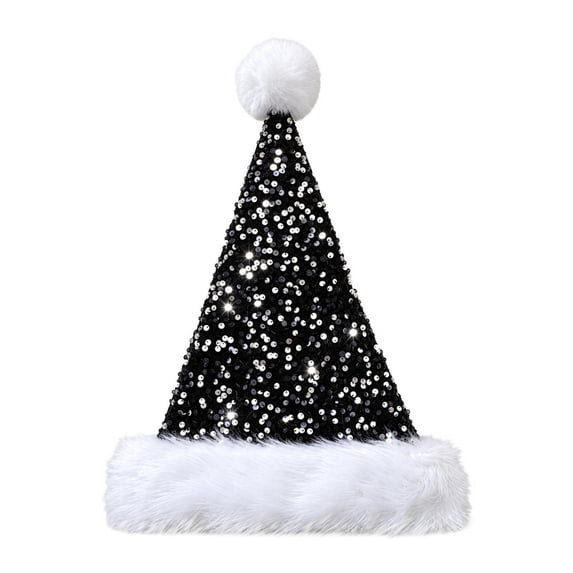 Personalized Sequin Santa Hat for Adults, Glitter Christmas Party Hat, Xmas Halloween New Year Holiday Headwear, Unisex Sequin Santa Hat with Plush Brim for Xmas New Year Party,Z7-Black