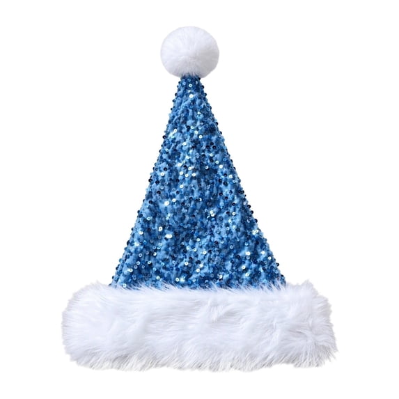 Personalized Sequin Santa Hat for Adults, Glitter Christmas Party Hat, Xmas Halloween New Year Holiday Headwear, Unisex Sequin Santa Hat with Plush Brim for Xmas New Year Party,Z7-Blue