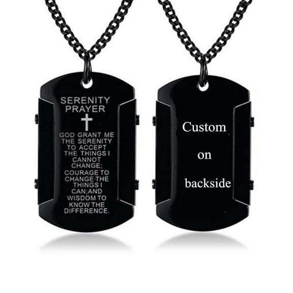 Personalized Serenity Prayer Necklace,Stainless Steel Custom Men's Bible Verse Dog Tag Serenity Lord's Prayer Cross Pendant Necklace Religious Jewelry,Free Cable Chain in 22''