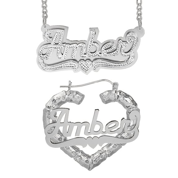 Personalized Set of Necklace and Bamboo Earrings. Script Font.